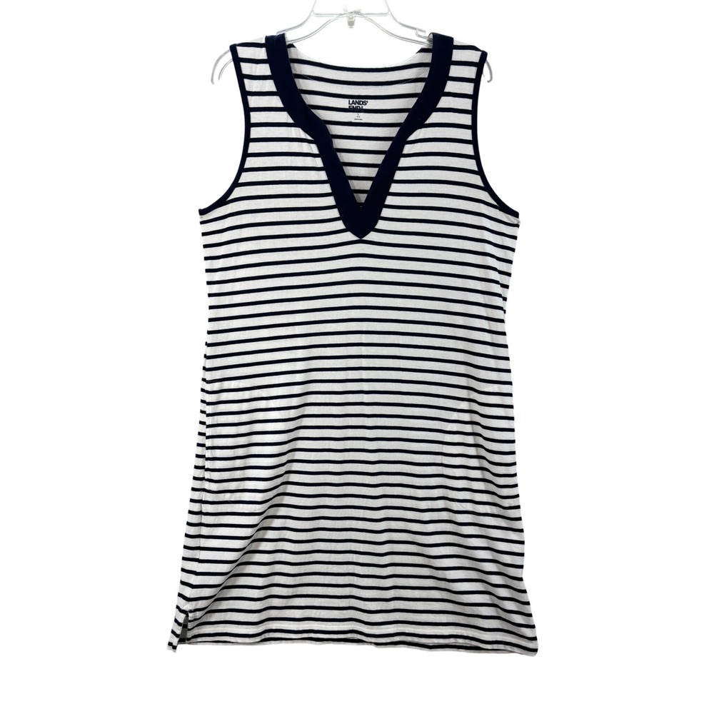 Lands' End Striped Shift Dress Womens L 14-16 Navy Blue White Cotton Sleeveless